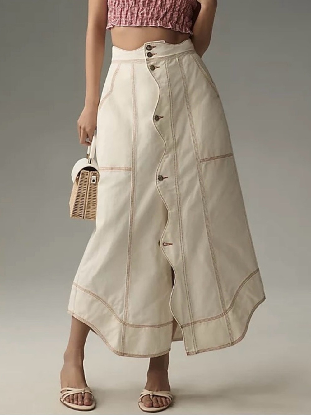 NWT Farm Rio Denim Wave A-Line Boho Maxi Skirt Sz 30 in Ivory Curved Hem/Waist